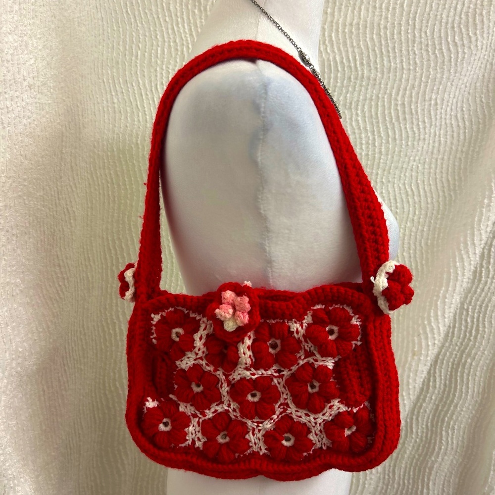Hand Knit Floral Purse Red White Pink Shoulder Bag Boho Coquette Valentine Style